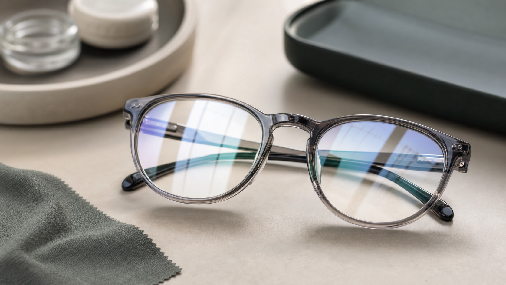 Prescription lenses on an optician worktop with soft reflections