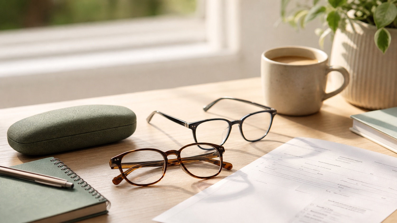 Affordable prescription glasses and checkout notes on a desk