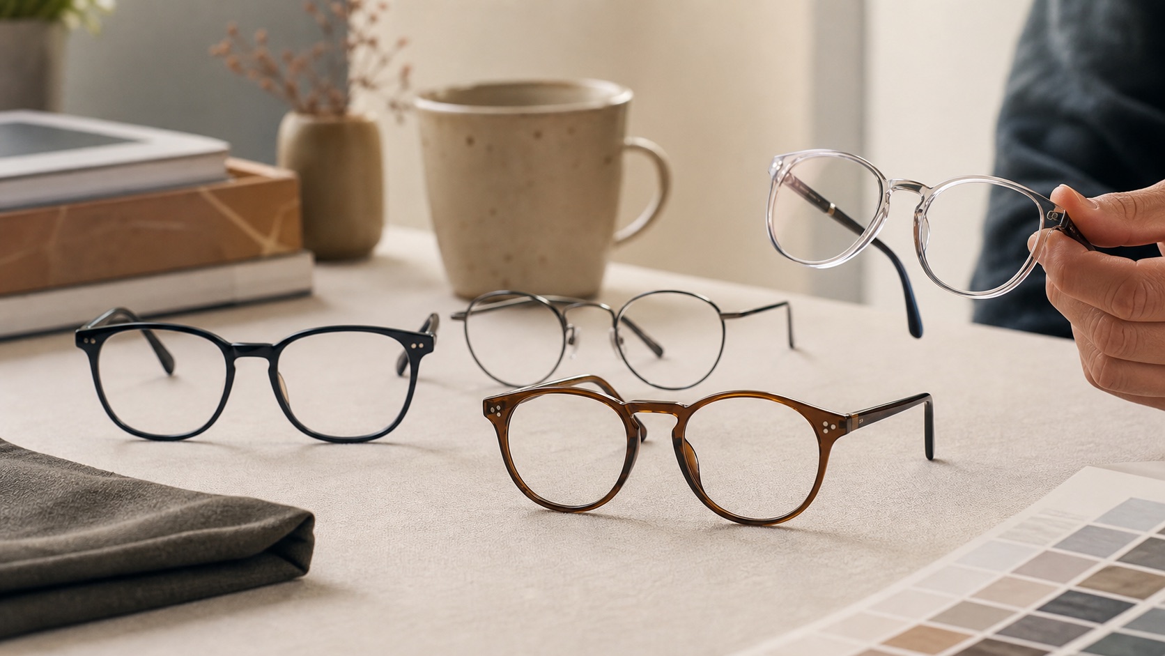Stylish designer glasses frames arranged in warm editorial light