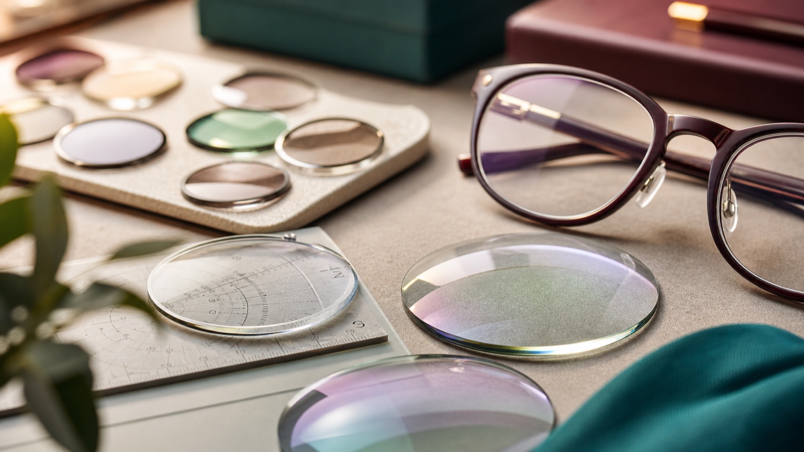 Prescription lenses and lens samples on an optician worktop