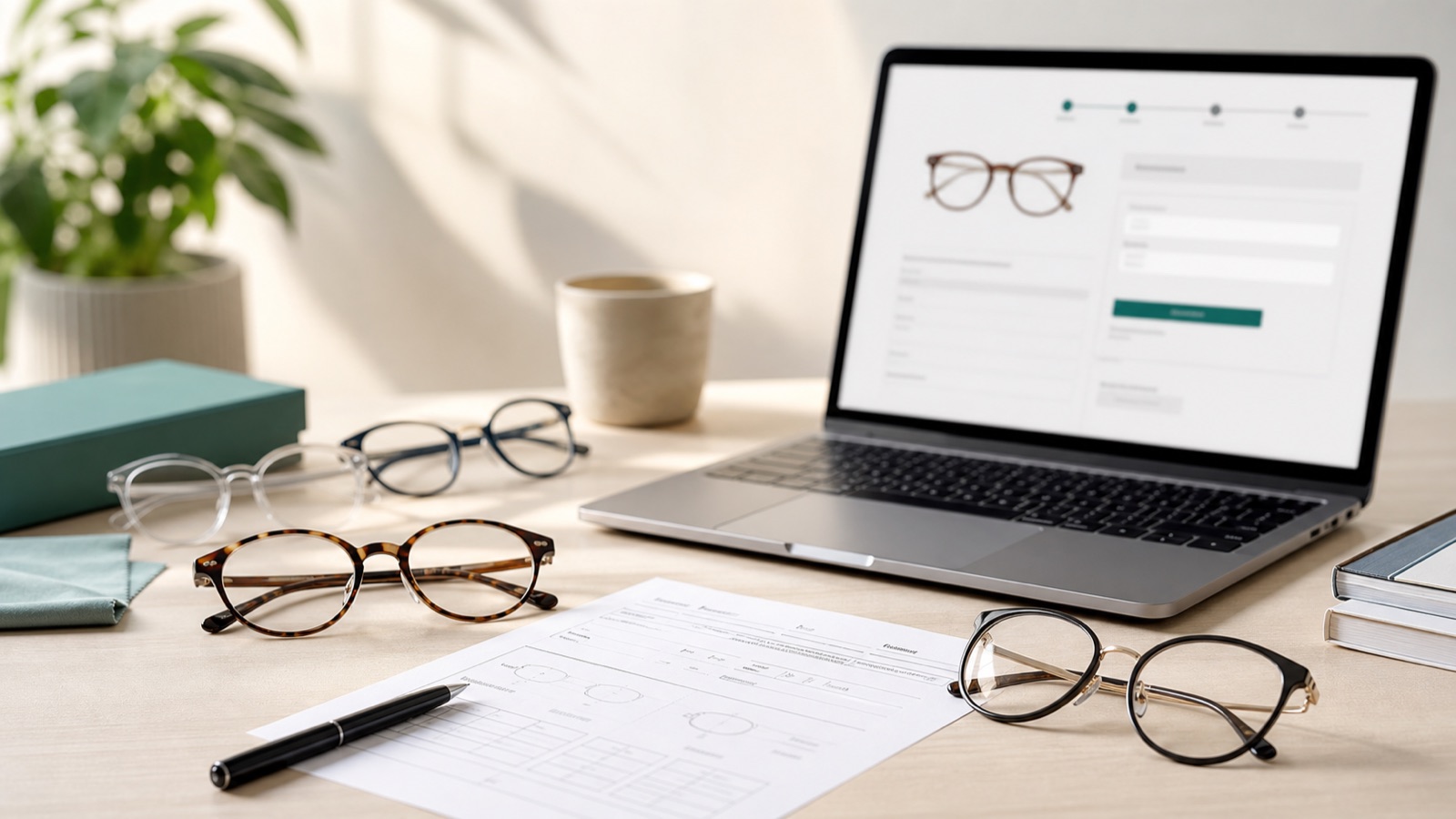 Prescription glasses, laptop checkout and prescription notes on a calm desk