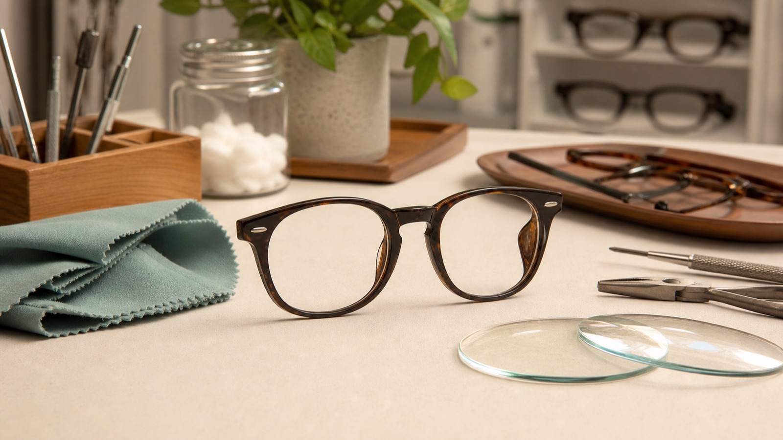 Existing glasses frame and replacement lenses on an optician workbench