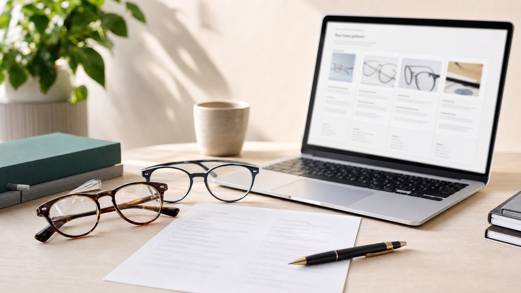 Glasses comparison notes and laptop checkout for two retailers