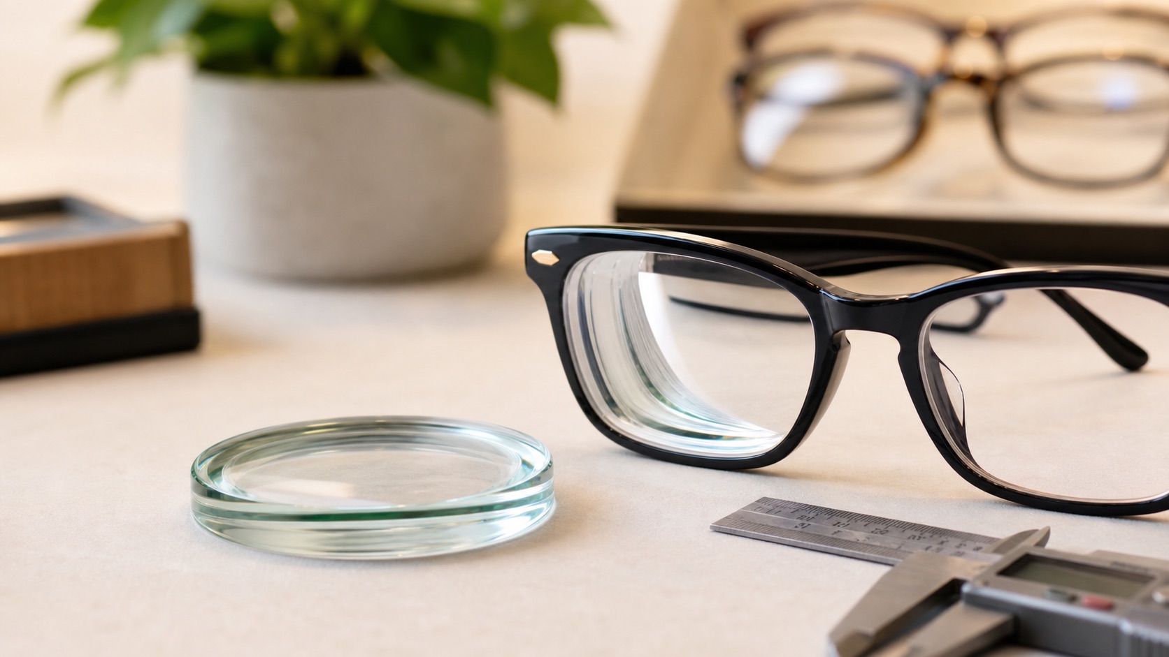 Lens samples and glasses frame showing lens thickness choices