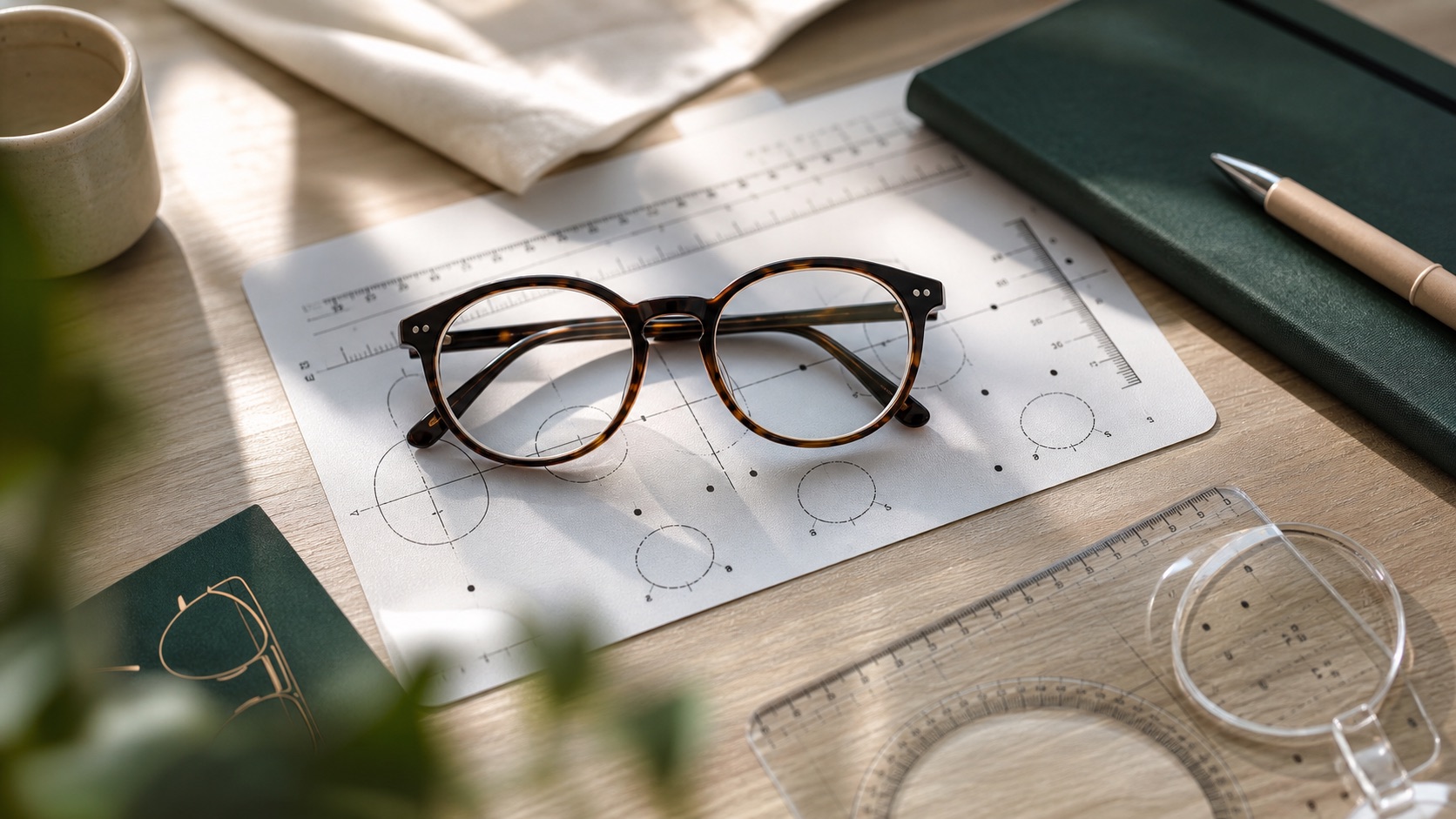 Varifocal lens choices and glasses measurements on a worktop