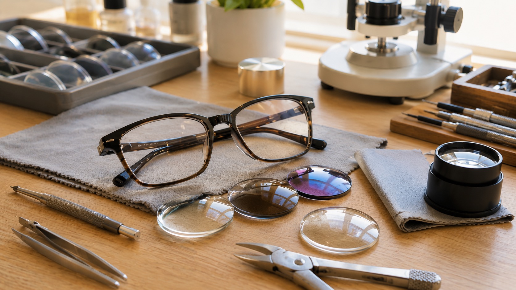 Lens samples and glasses arranged for comparing 1.6, 1.67 and 1.74 lens options