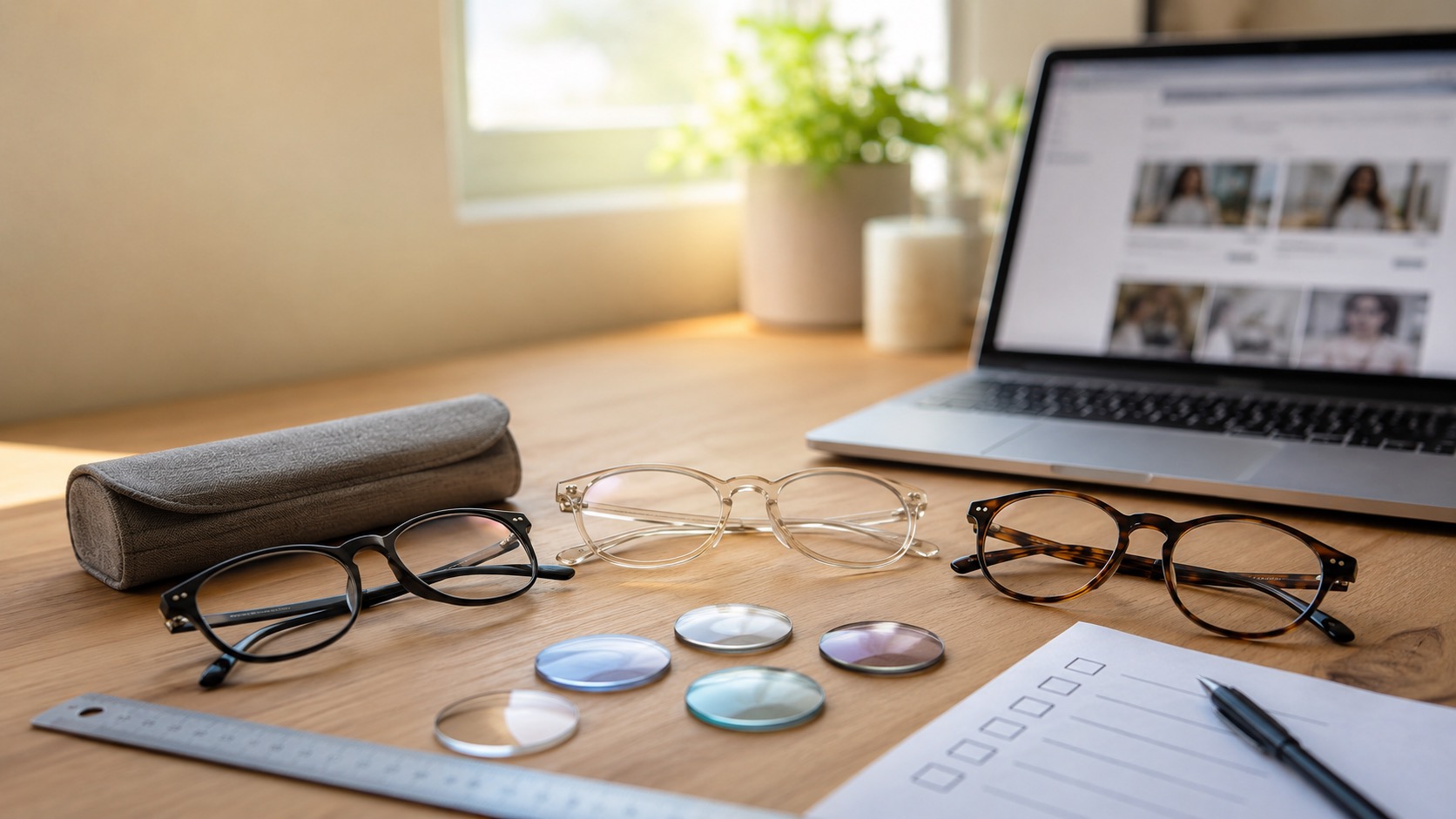 Glasses frames, lens samples and a laptop arranged for comparing online glasses retailers