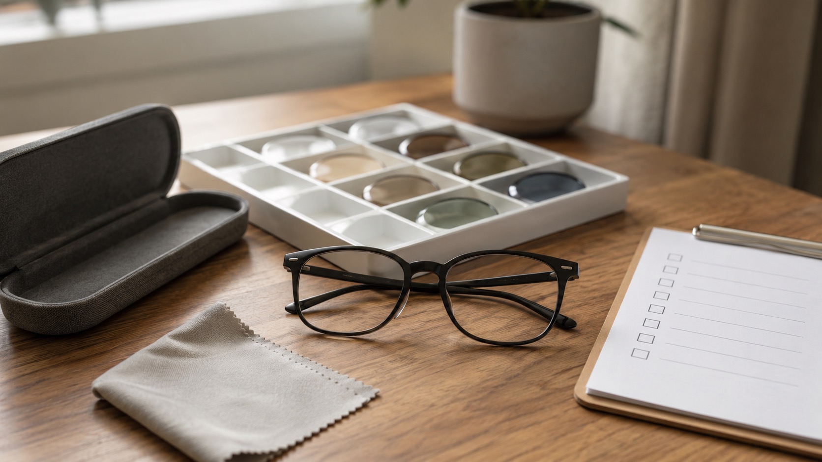 Budget glasses comparison desk with frames, parcel box and unreadable checklist