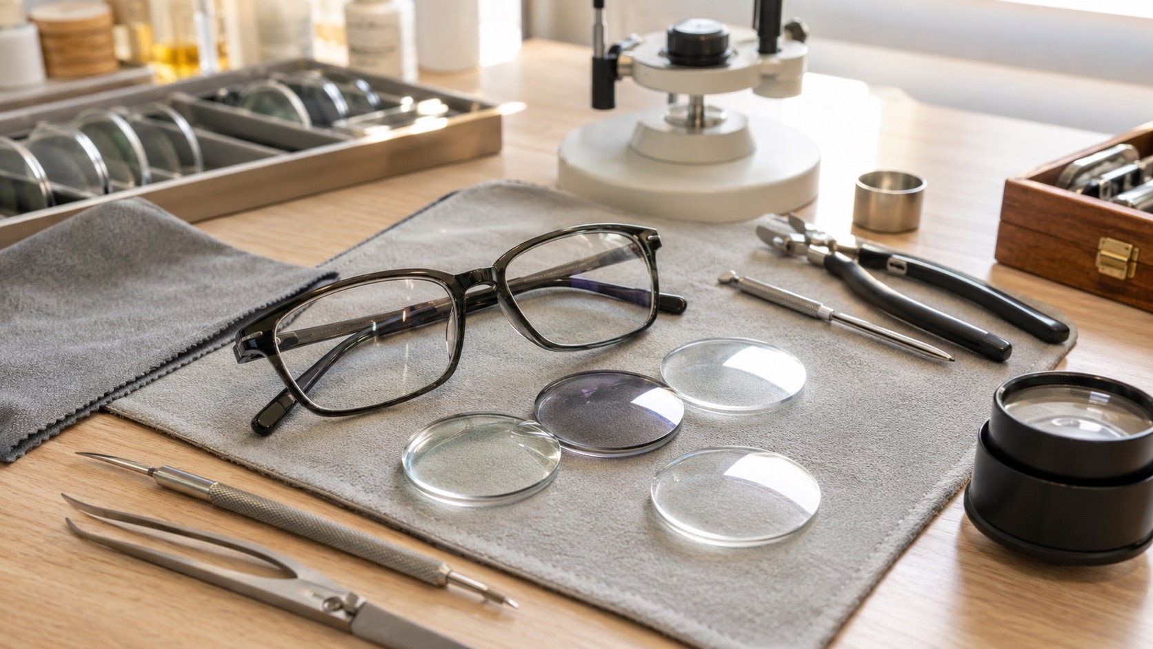 Existing glasses, replacement lens samples and optician tools for comparing reglazing services