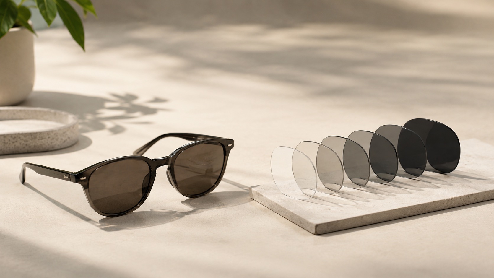 Prescription sunglasses on a bright neutral surface with lens tint samples