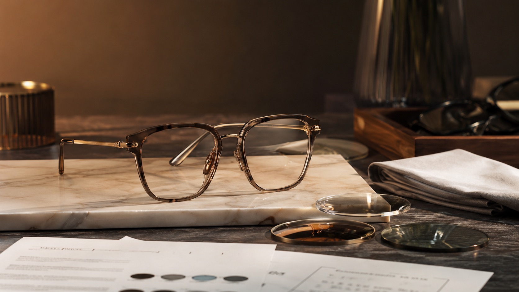 Warm desk scene with glasses and laptop for checking glasses deals carefully