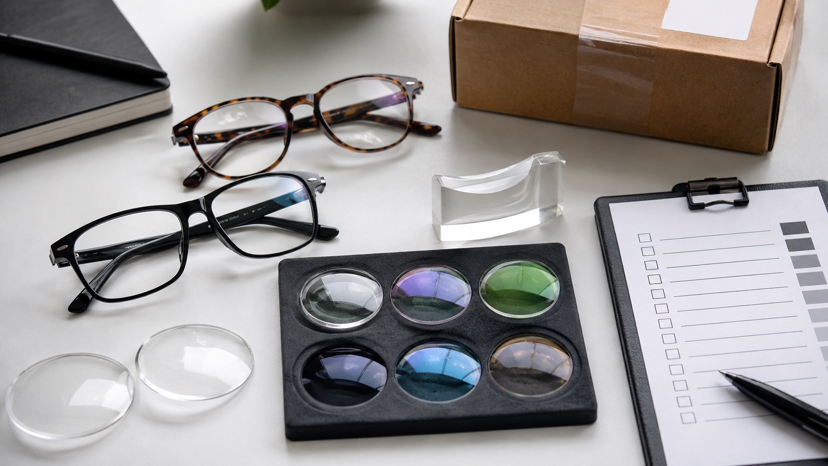 Lens samples with subtle blue reflections arranged beside prescription glasses