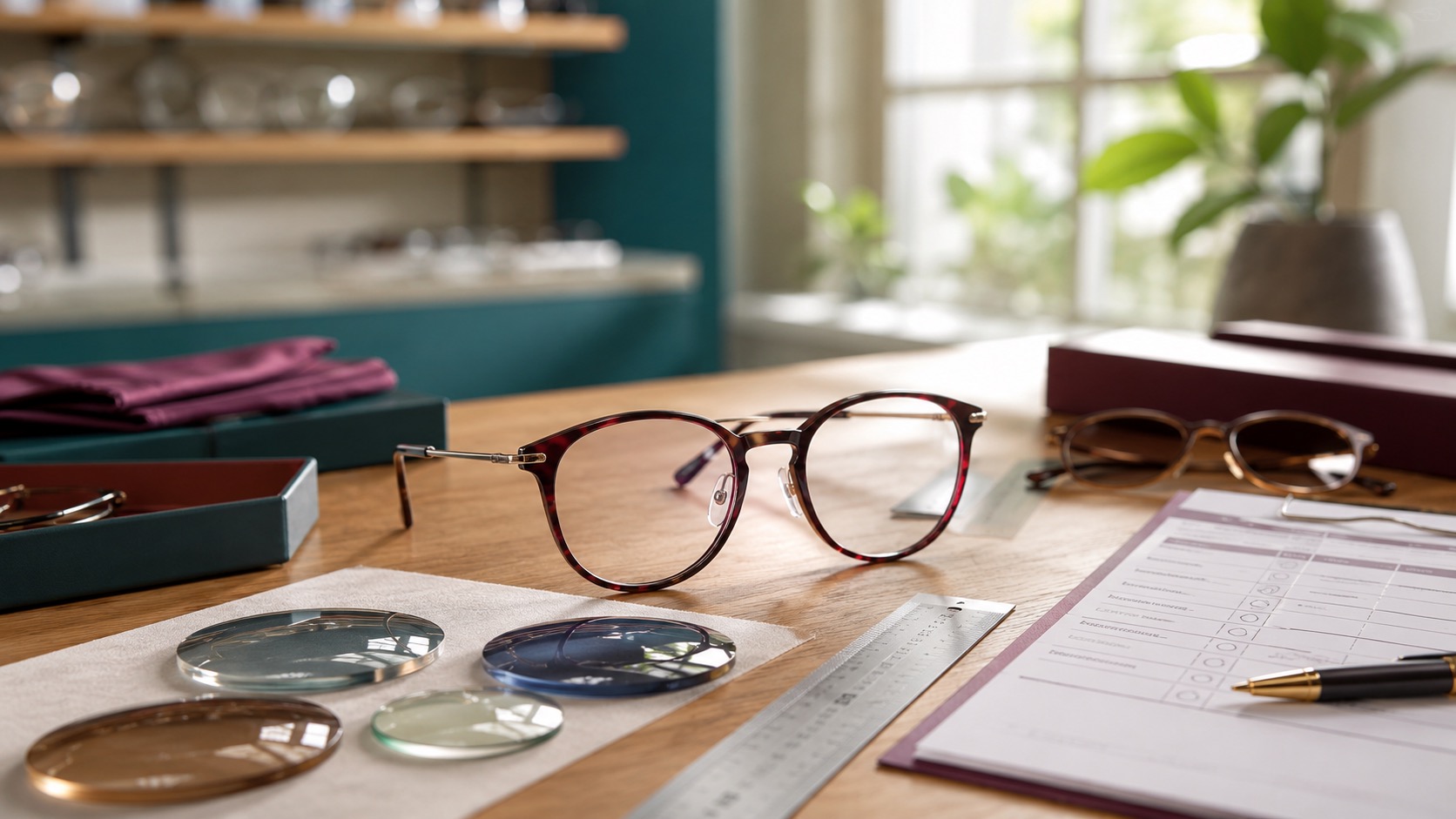 Online glasses buying desk with frames, lens samples and an unreadable order checklist
