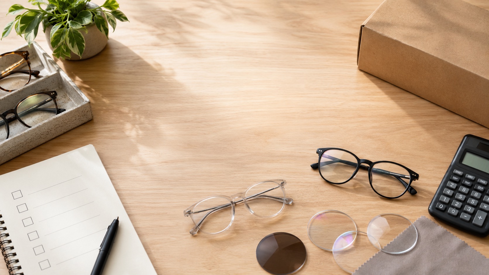 Designer-style frames on an optician counter for comparing cheaper designer glasses online