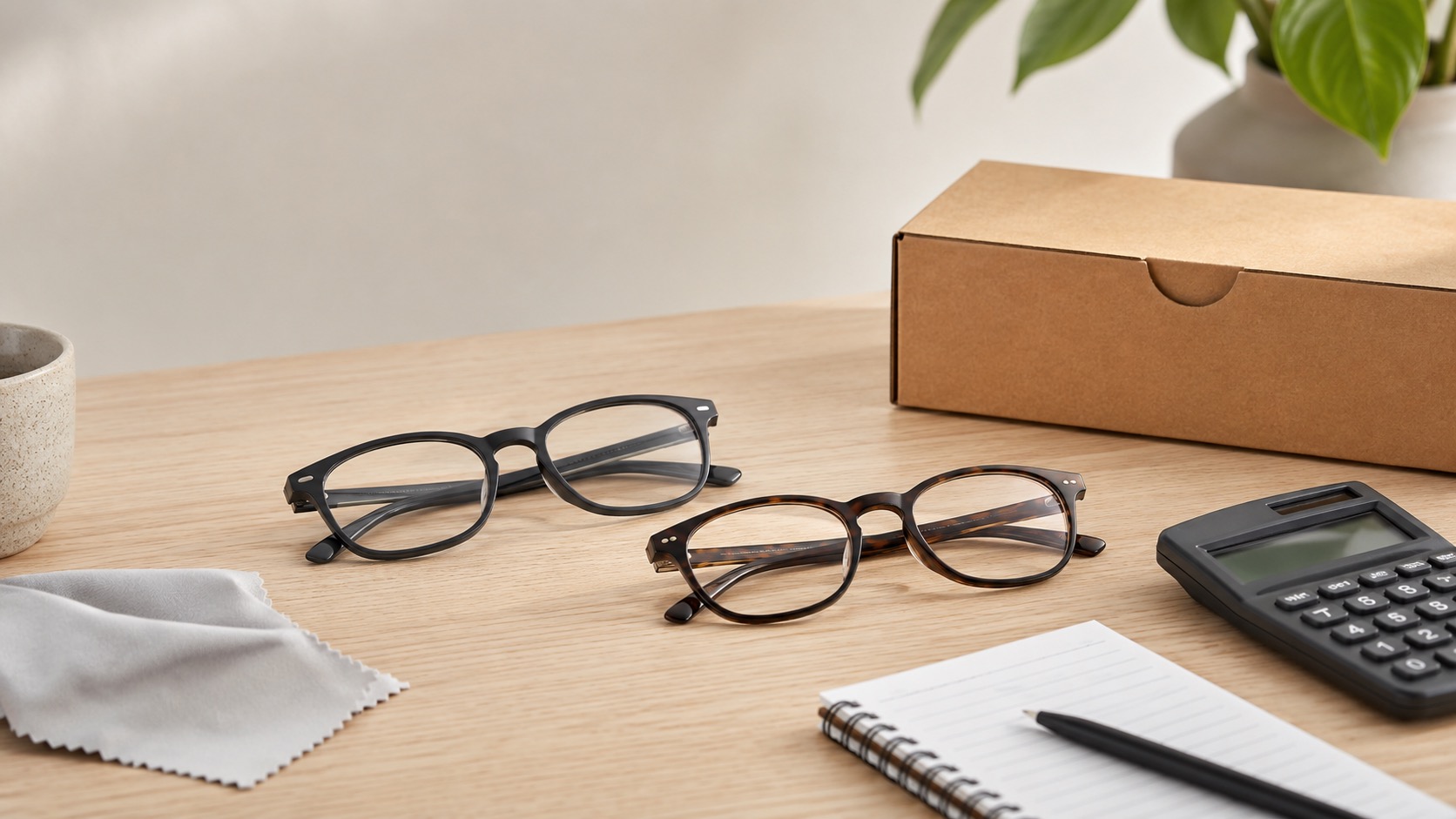 Glasses, parcel and calculator arranged for checking online glasses extra costs