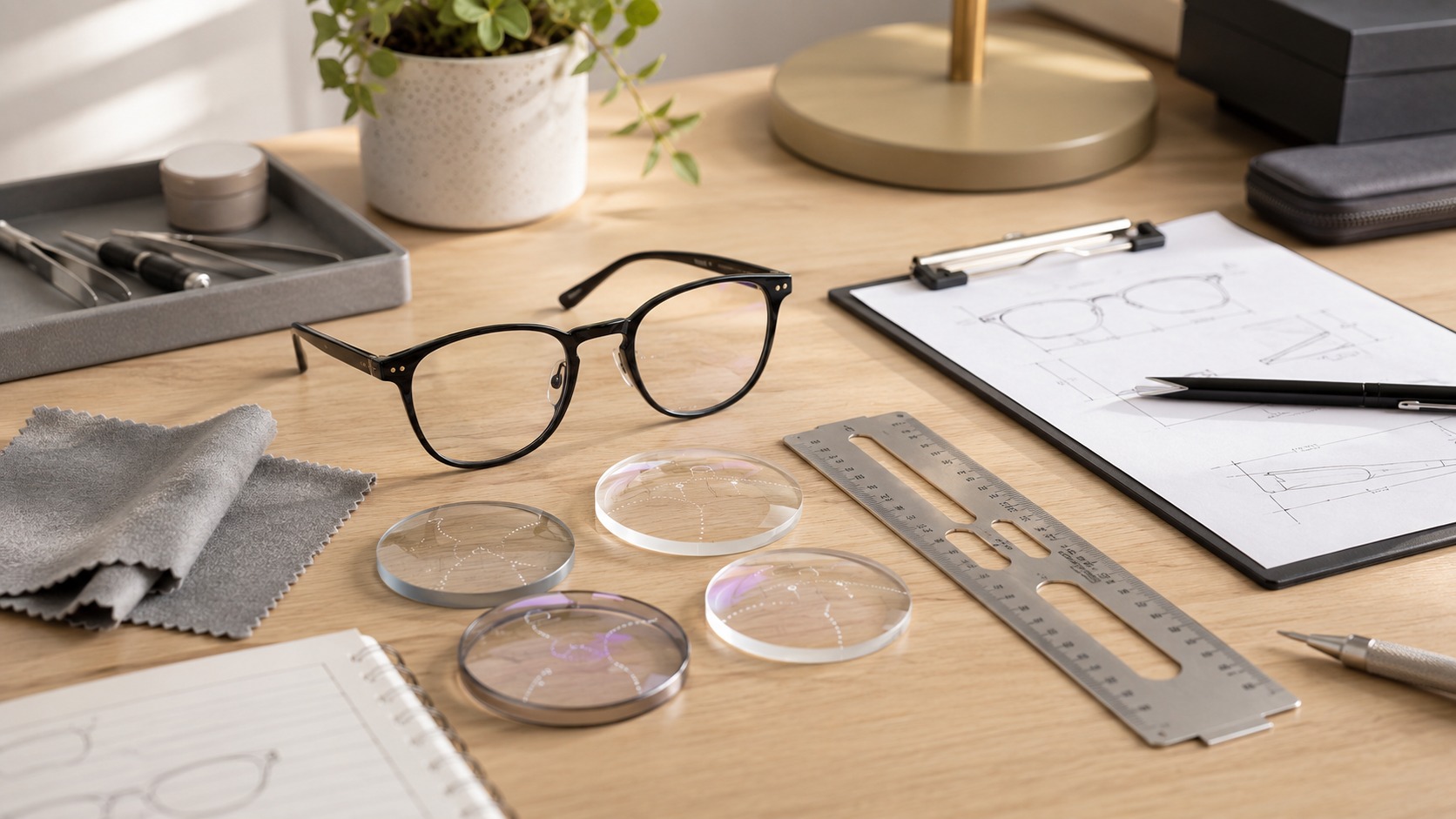 Online glasses checkout checklist with frames, lens samples and measuring ruler