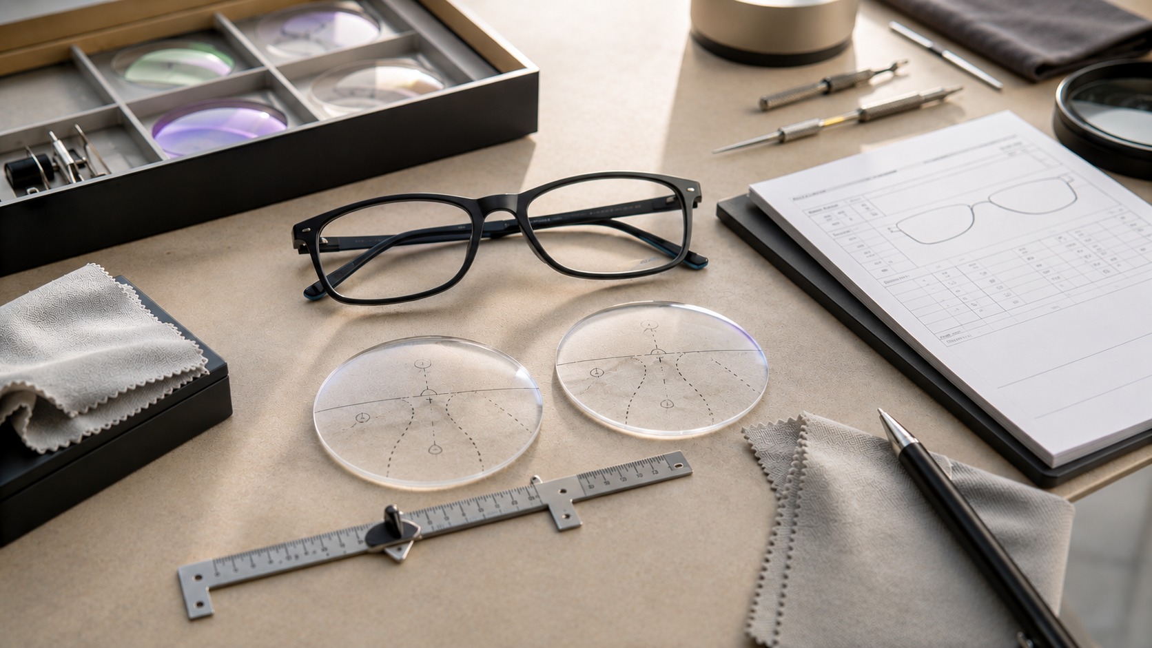 Glasses frames, ruler and fitting checklist for choosing frame size online