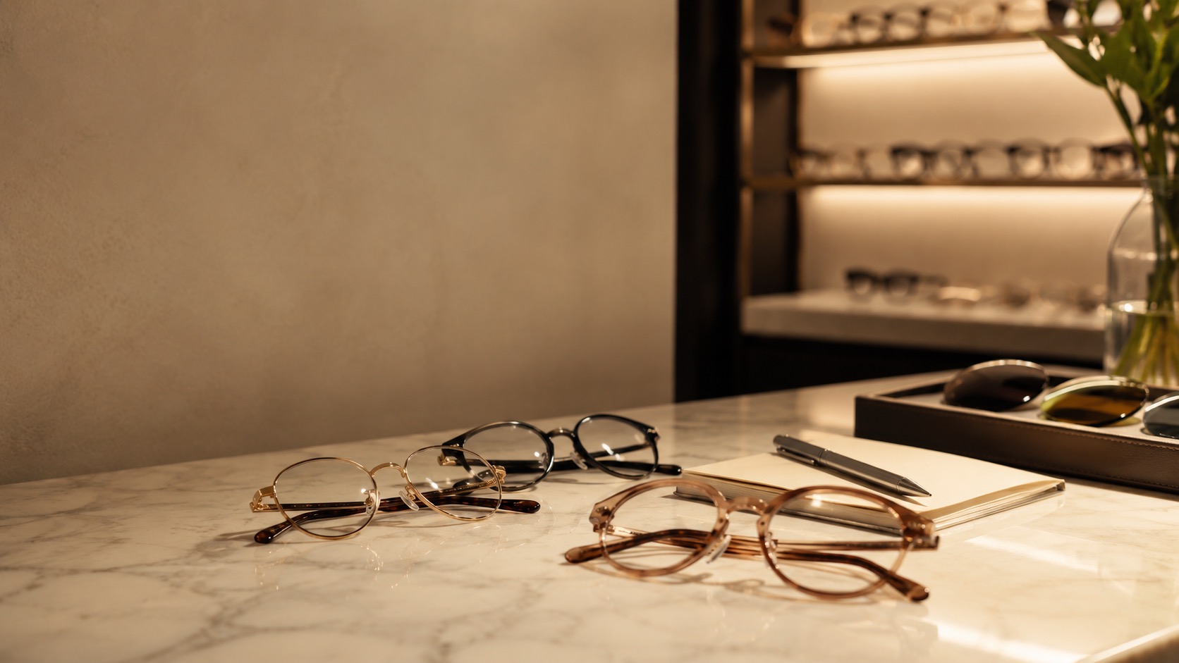 Designer-style glasses arranged under warm display lighting for checking deals