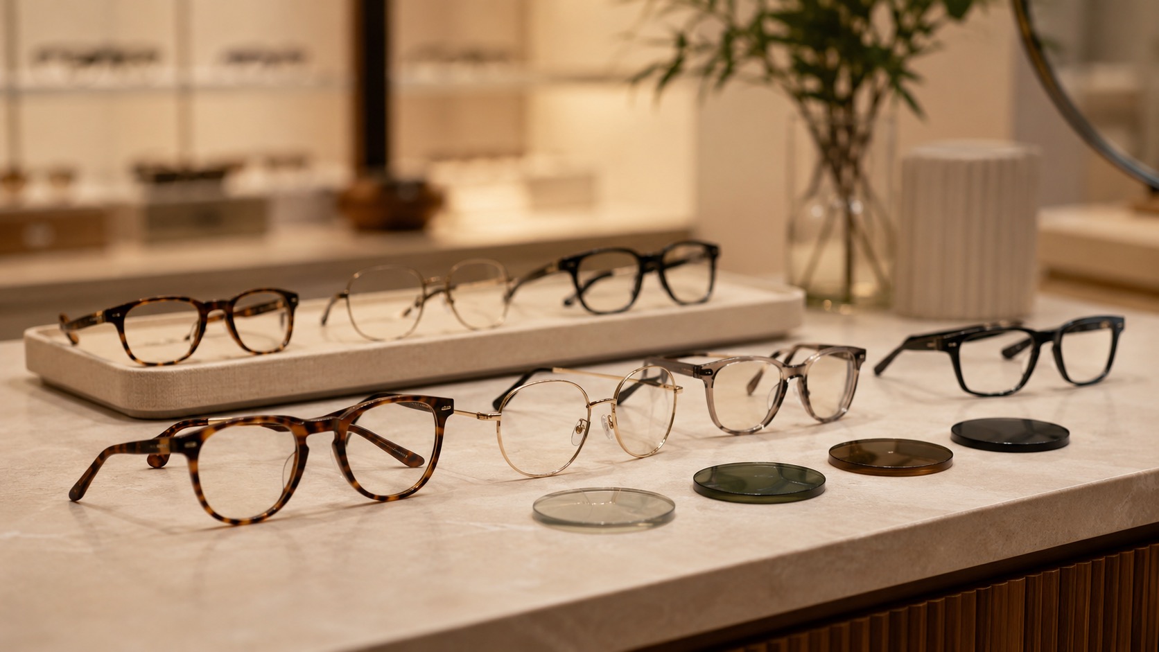 Premium glasses frames and lens samples displayed on a clean optician counter