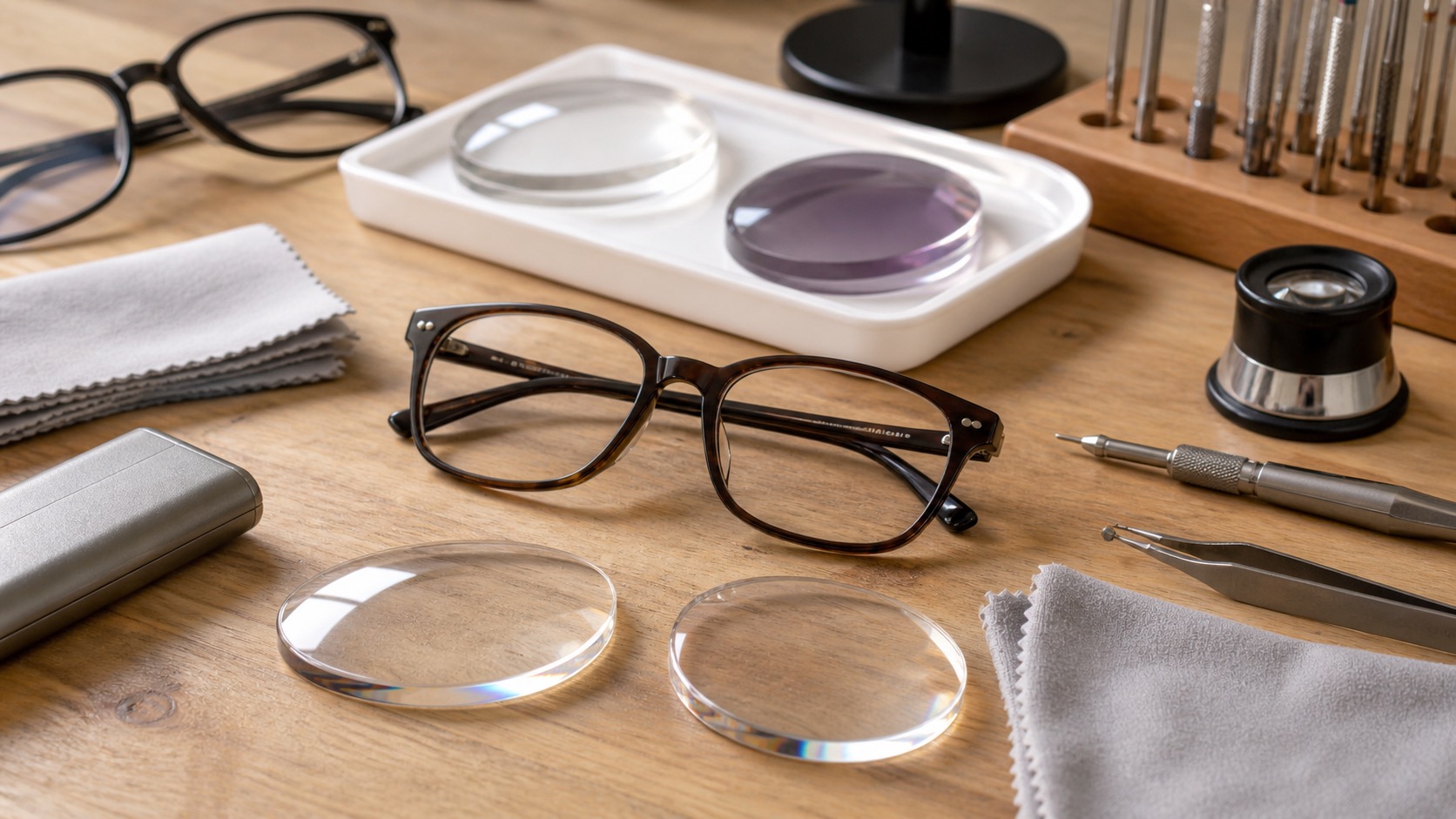 Glasses frame and lens samples arranged for deciding whether thin lenses are useful