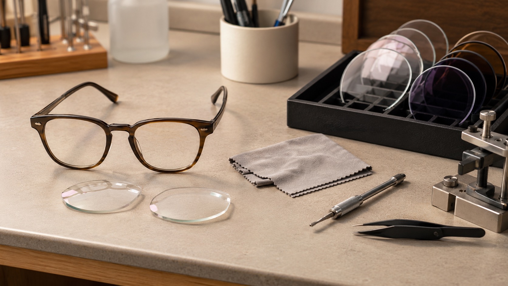 Frames and lens samples arranged for choosing frame shapes for thicker lenses