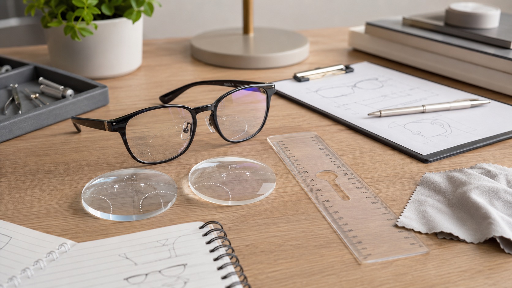 Different glasses frame sizes arranged with a ruler on an optician desk