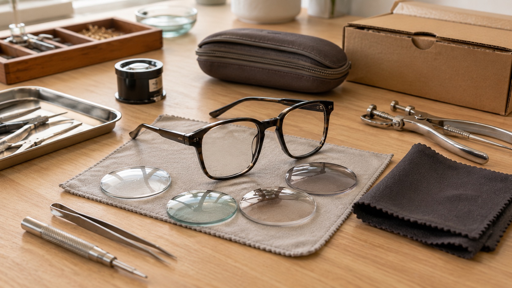 Glasses, case and parcel box arranged for checking delivery and returns