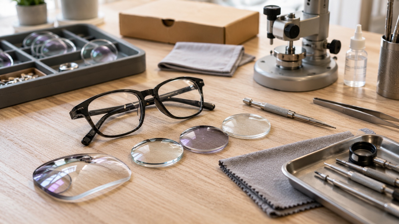 Lens samples, frame and optical tools arranged for comparing lens thinning