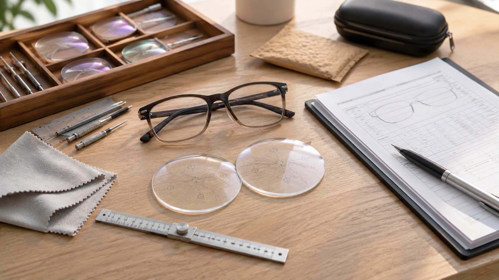 Measuring ruler, glasses and mirror arranged for checking PD before buying glasses online
