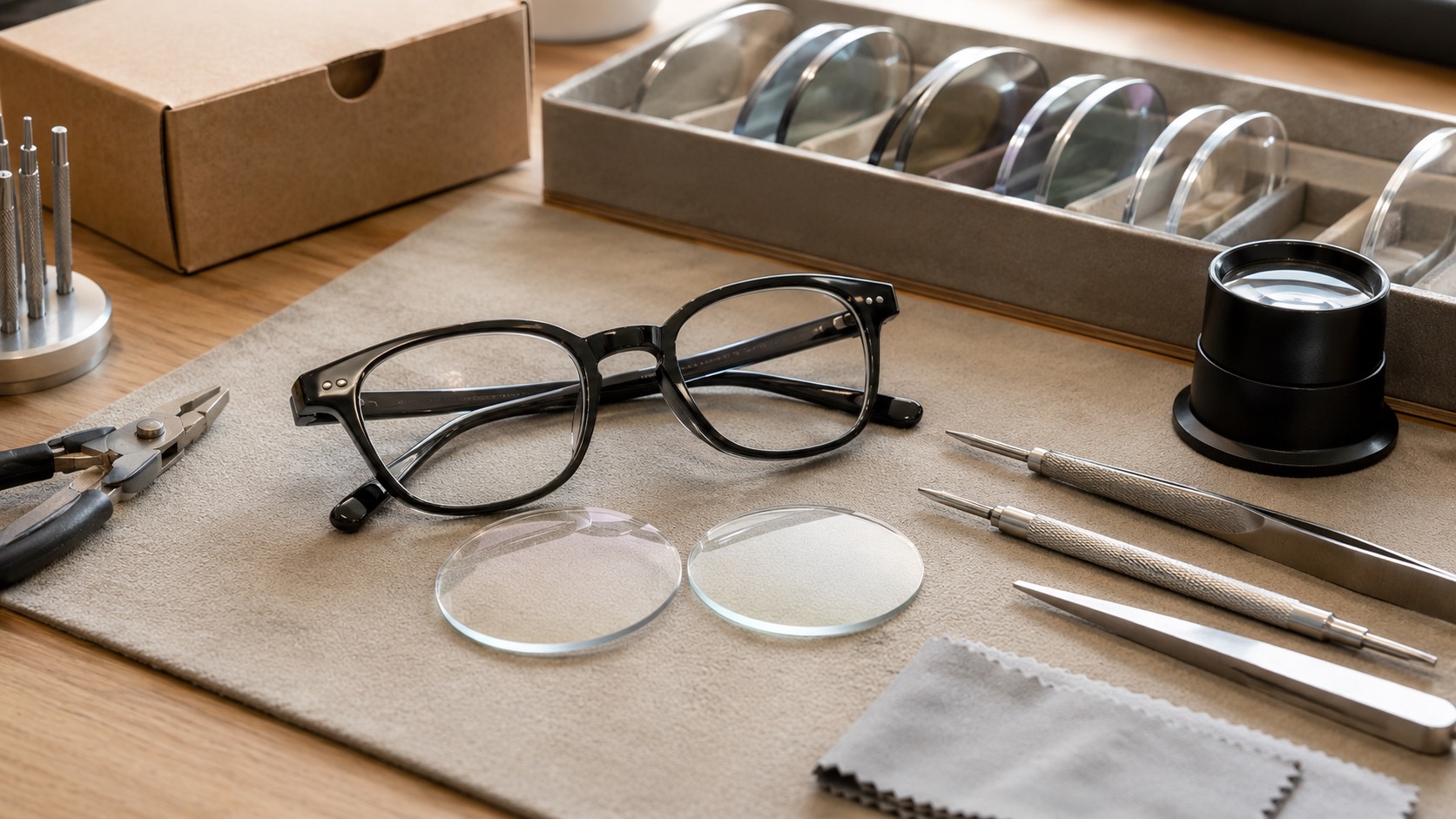 Lens samples, frame and measuring tools for choosing lens index for a minus prescription
