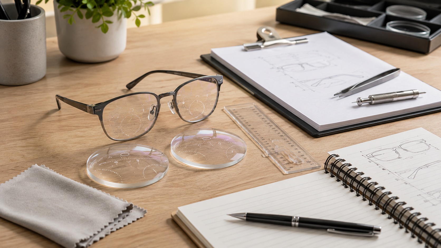 Glasses, parcel and unreadable checkout checklist for confirming an online glasses order