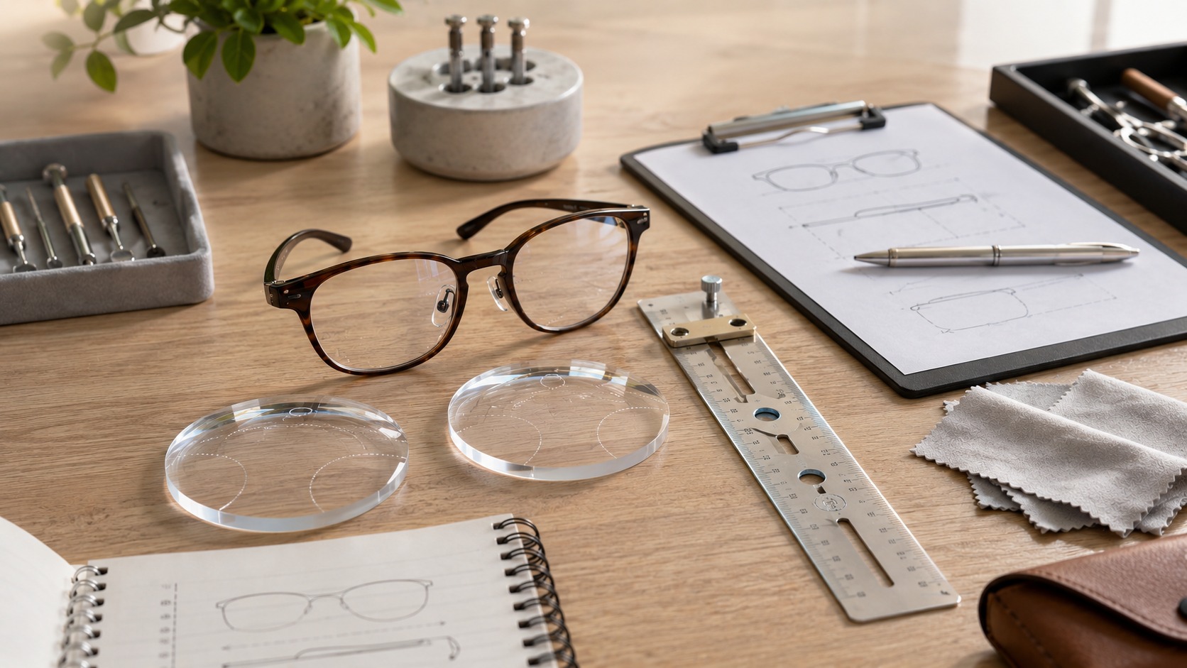 Glasses order checklist, ruler and lens samples arranged to avoid online glasses mistakes