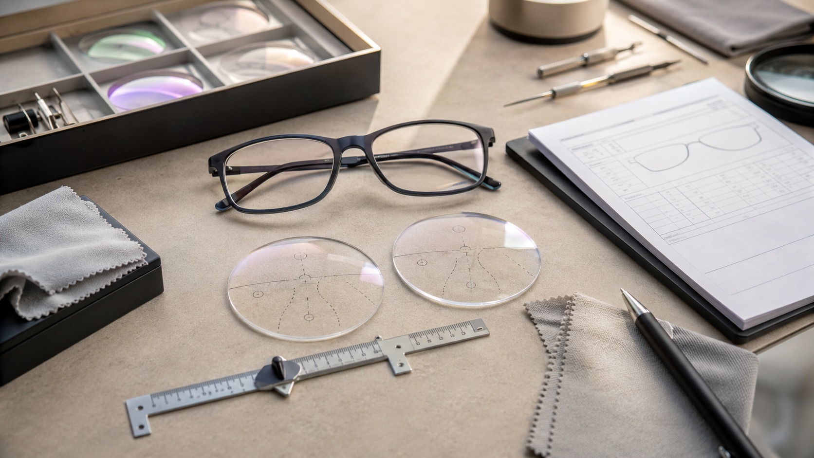 Varifocal lens samples, glasses frame and fitting notes arranged for a cautious online varifocal decision