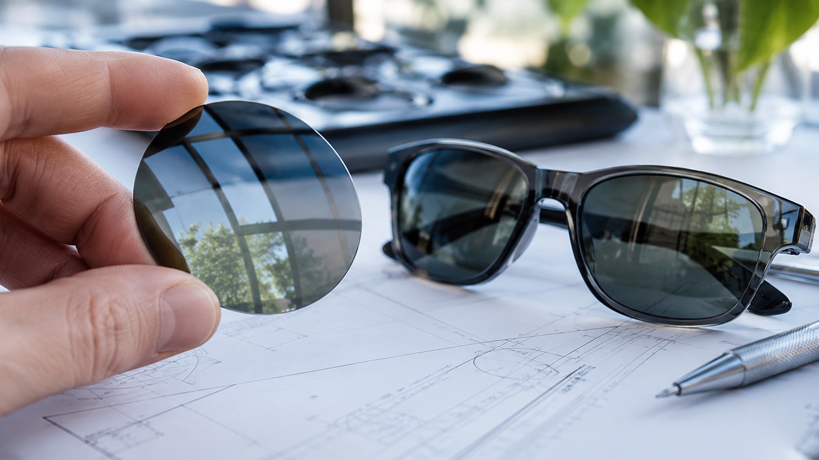 Tinted lens sample held beside prescription sunglasses for comparing sun lens options