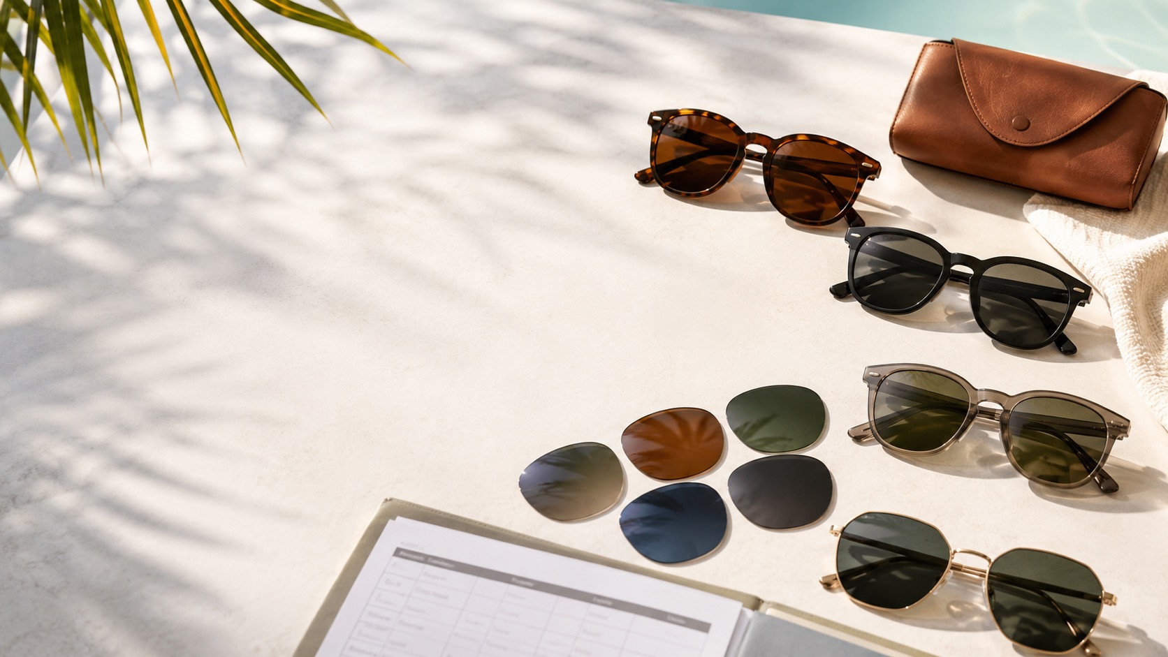 Sunglasses and polarised-style lens samples arranged in bright natural light