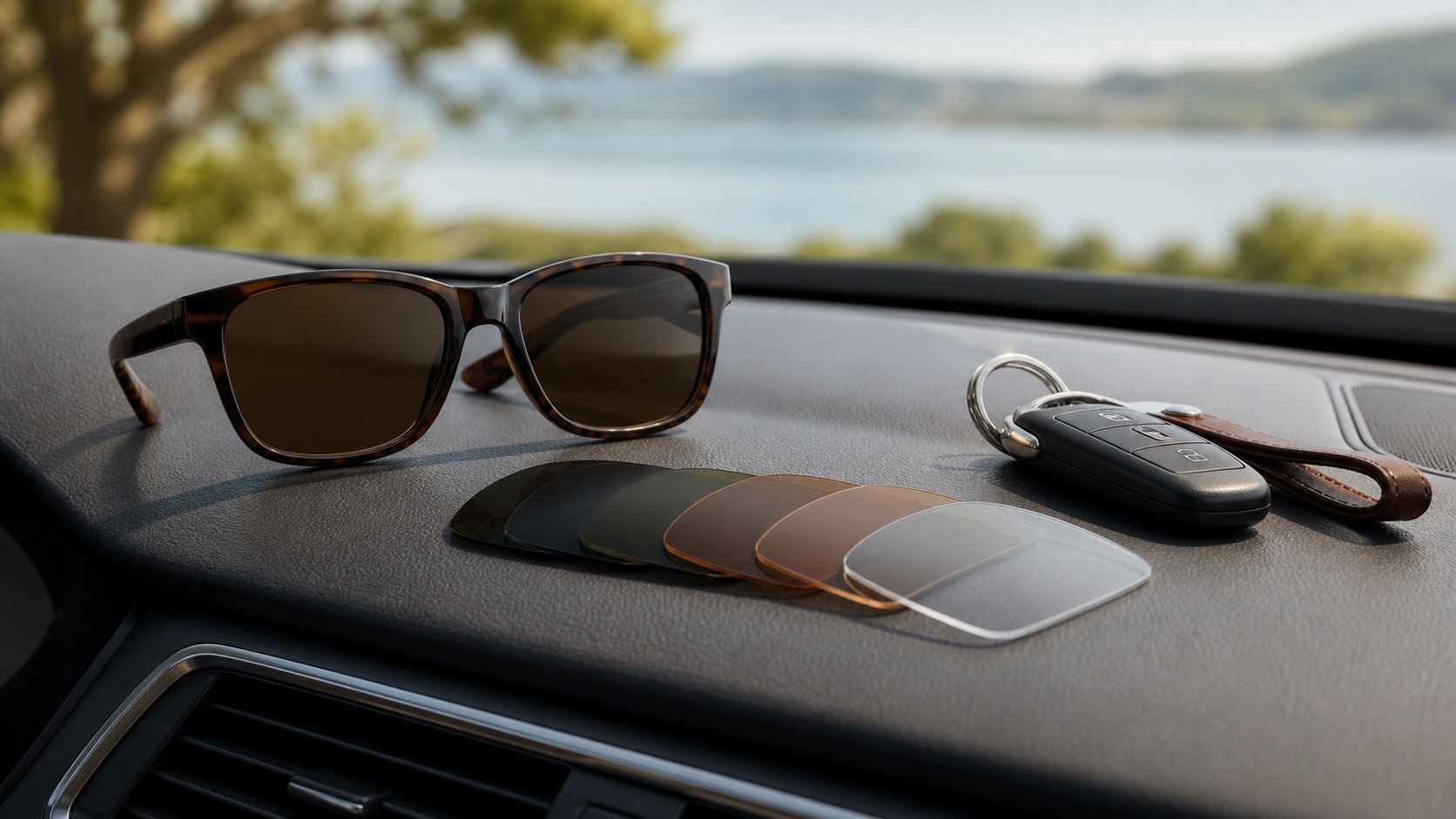 Prescription sunglasses on a car dashboard with clear daylight outside
