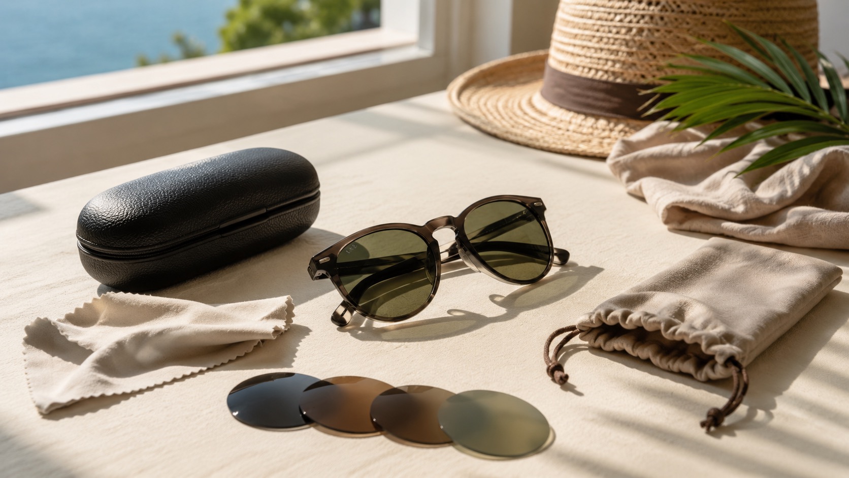 Sunglasses, tint samples and holiday accessories arranged for a travel checklist