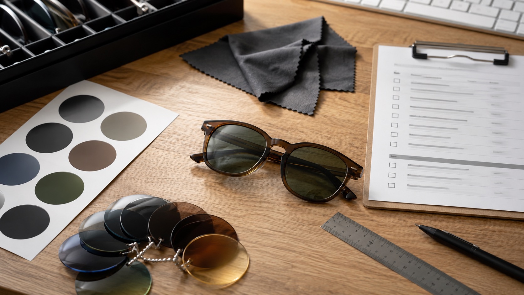 Sunglasses and checklist arranged for avoiding prescription sunglasses mistakes
