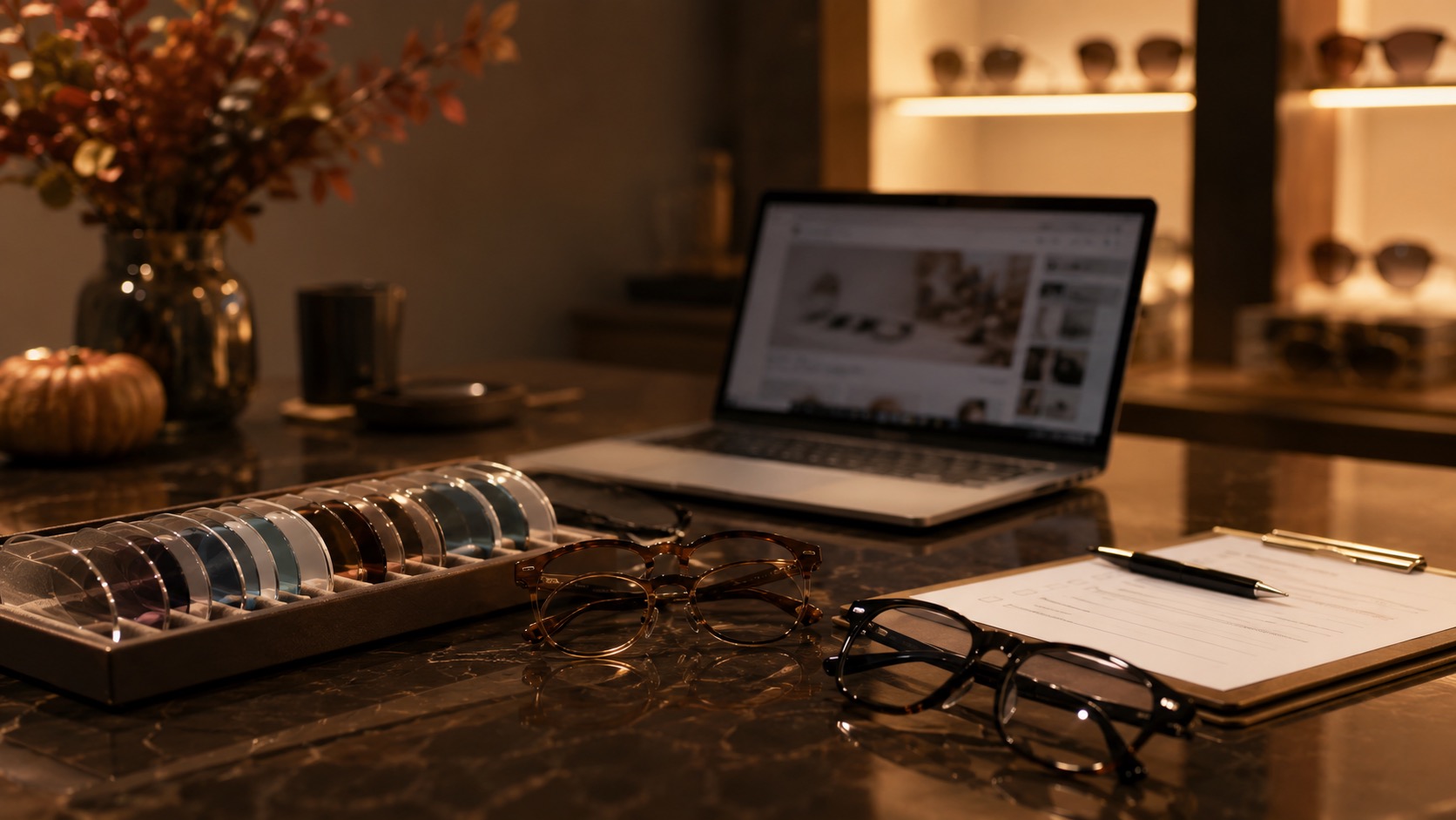 Prescription sunglasses, lens samples and laptop arranged for buying sunglasses online
