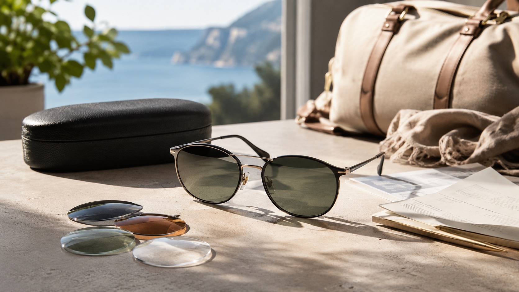 Prescription sunglasses and travel items beside bright daylight for summer holiday planning
