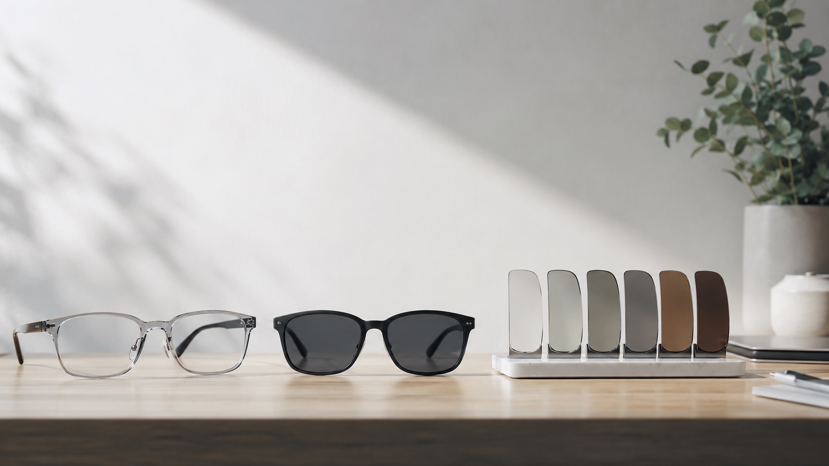 Clear glasses, sunglasses and tint samples lined up for comparing lens choices