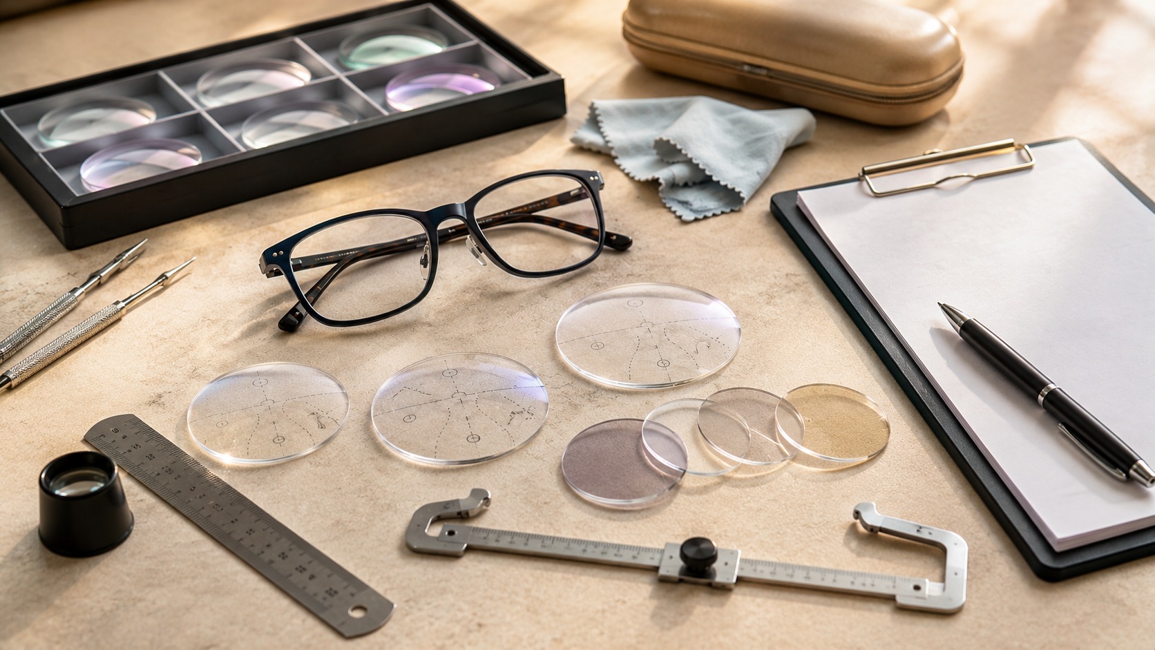 Glasses, pen and unreadable prescription paper arranged for understanding a glasses prescription