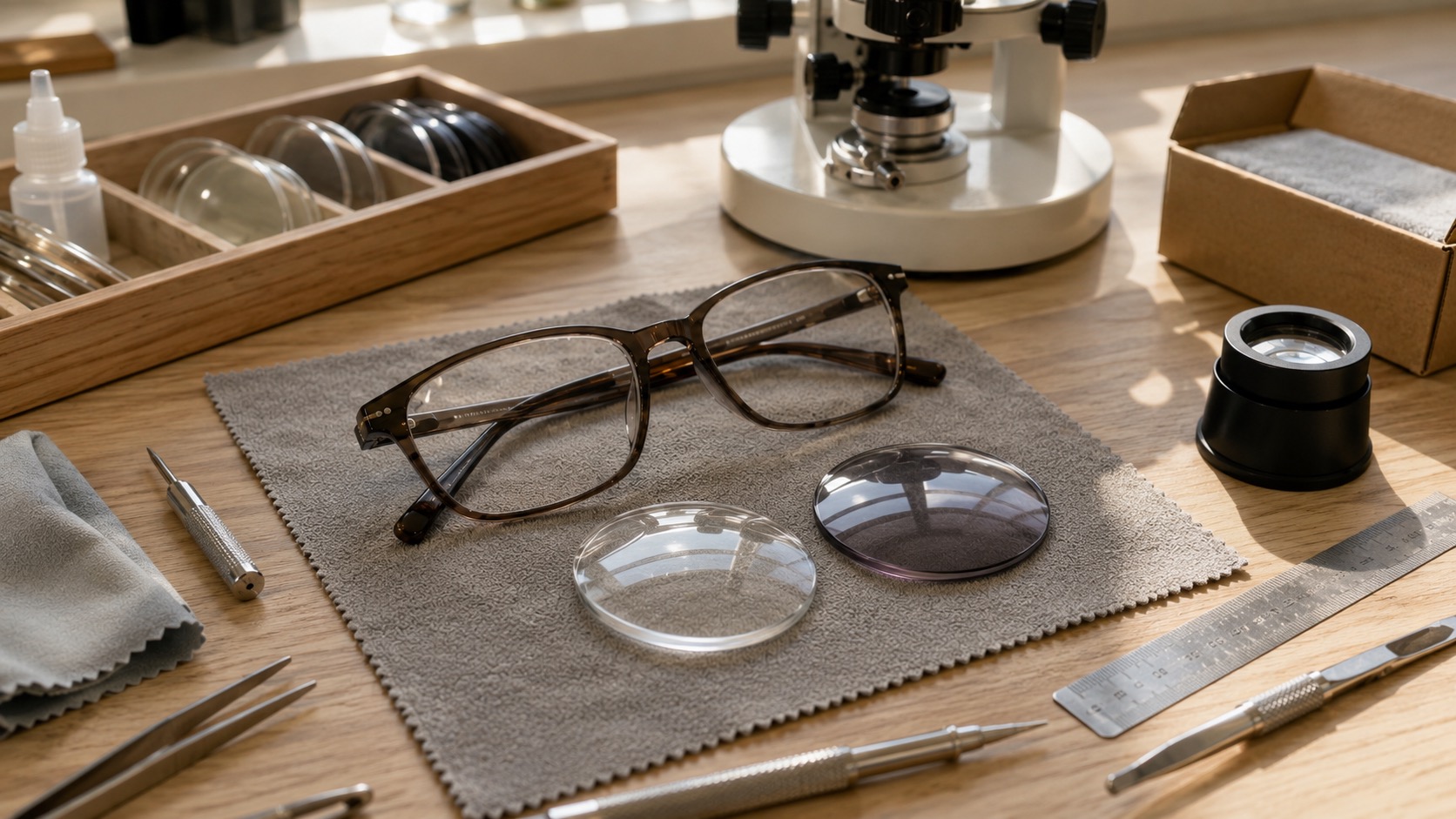 Glasses frame and lens samples arranged on an optician workbench for reglazing