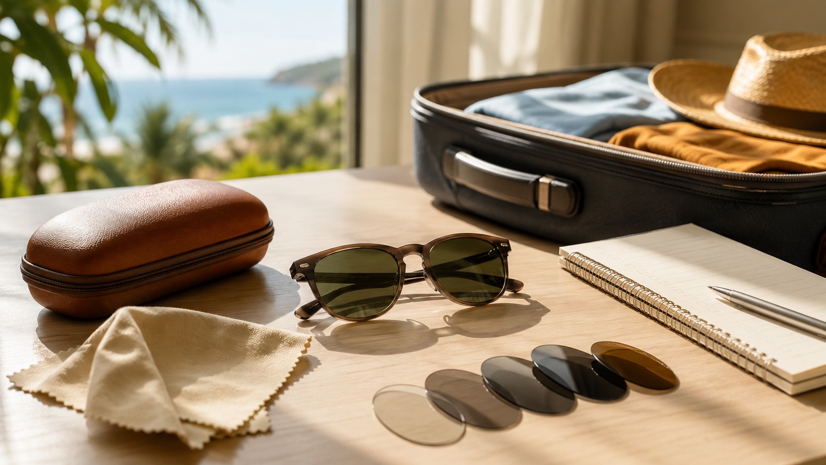 Spare glasses, sunglasses and travel case arranged before a trip