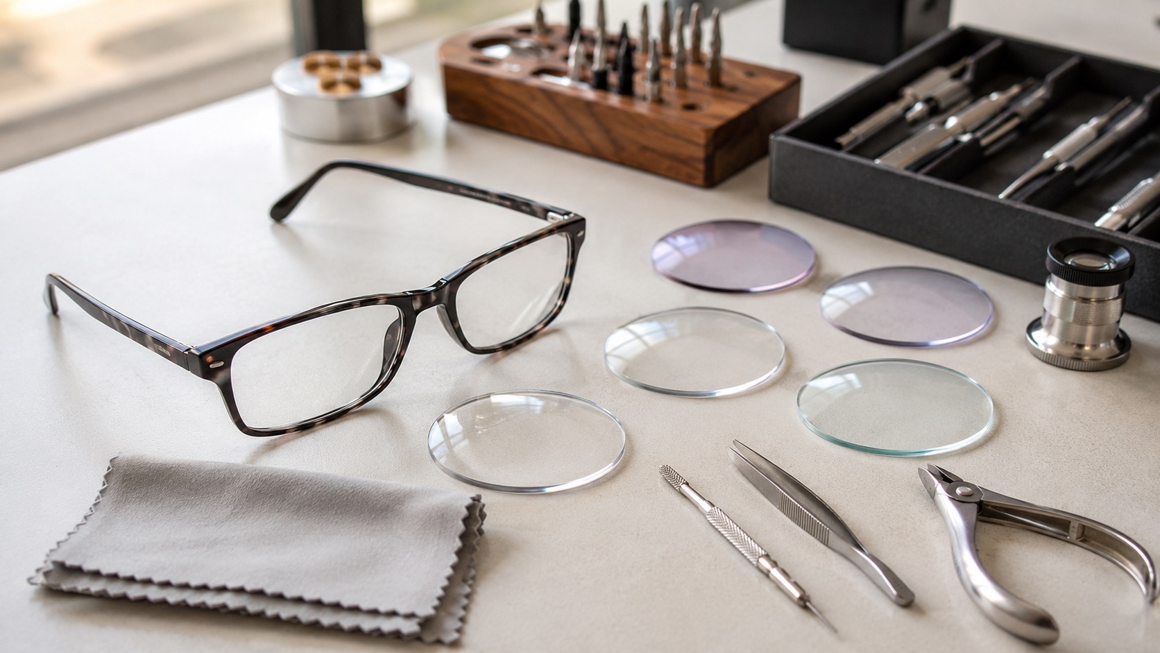 Strong prescription glasses frame, lens samples and optician tools on a clean desk