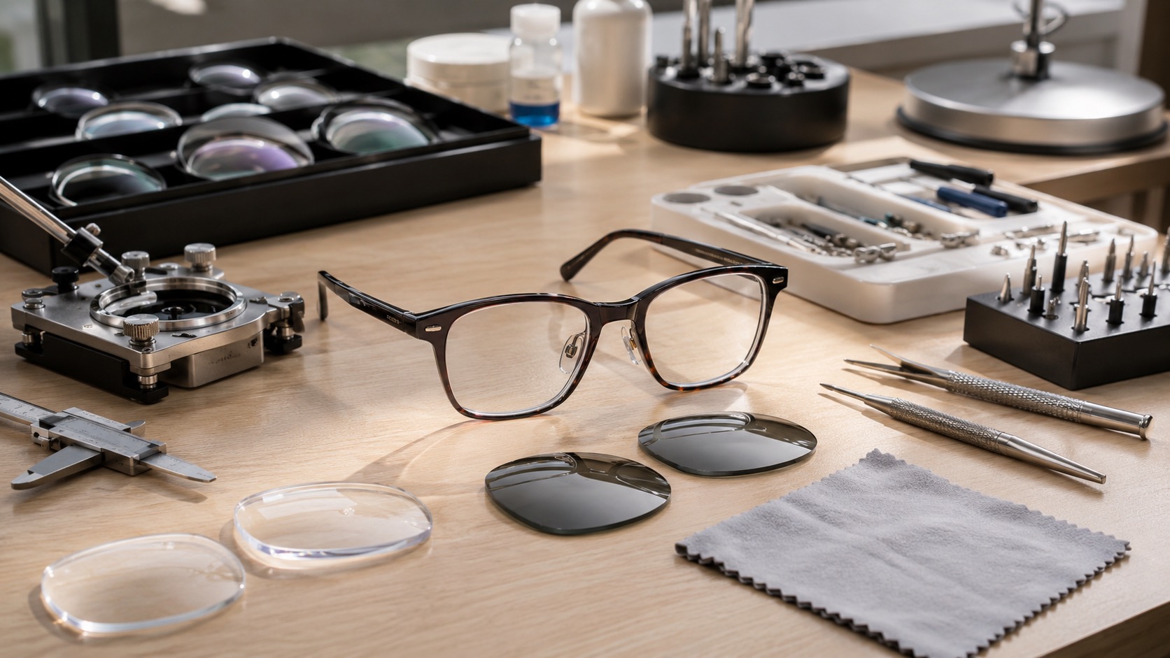 Glasses frames, lens samples and optical tools for comparing strong prescription routes