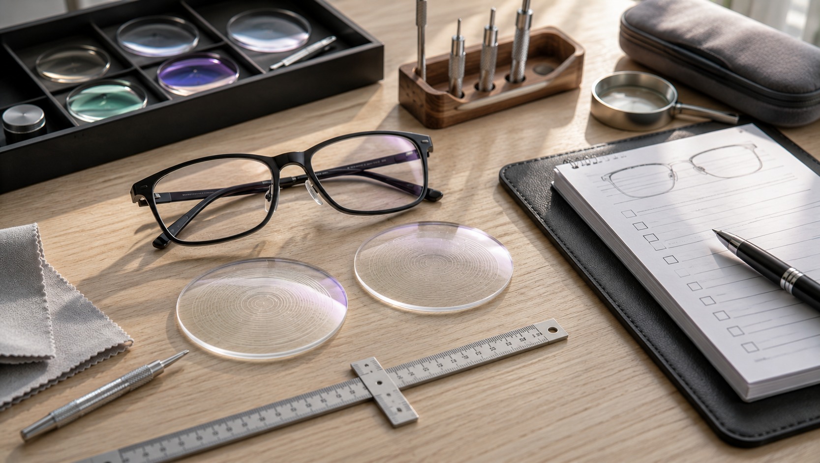 Varifocal glasses, lens samples and measuring tools on an optician desk