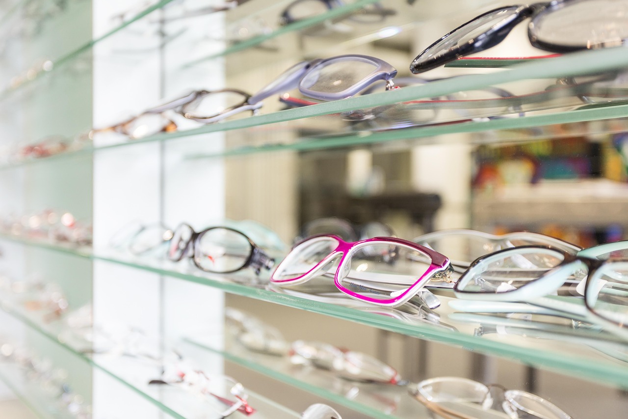 Optician glasses display showing affordable frame options in the UK