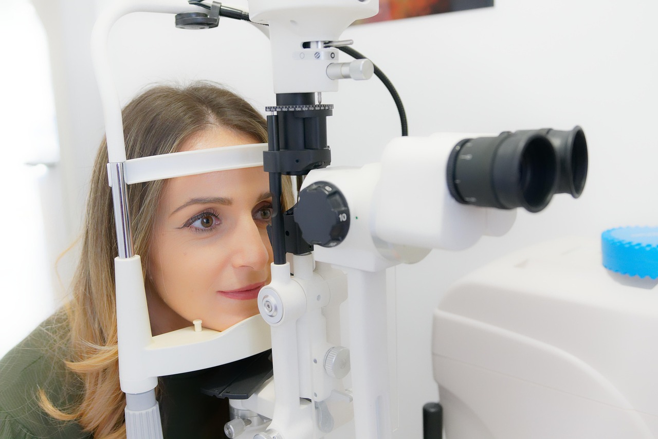 Woman having an eye test at a UK optometrist